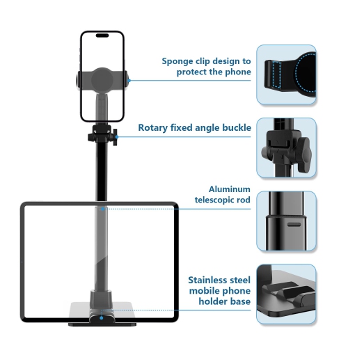 Cell Phone Stand Adjustable Height & Angle Phone Holder Phone Stand for Desk Cell Phone Clip Stand Holder Two-in-one Live Streaming Stand Compatible