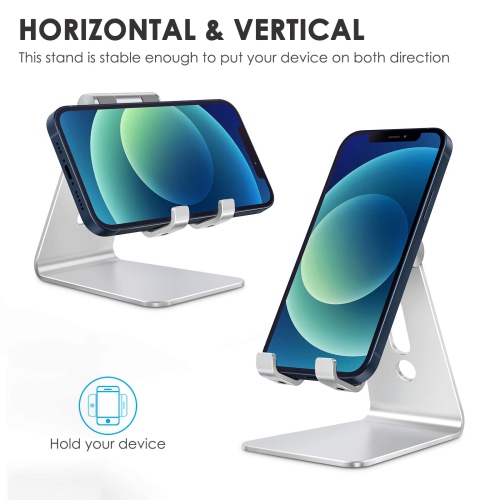 Phone Stand, Adjustable Aluminum Cell Phone Stand for Desk, Compatible with iPhone, Samsung, Google and More Devices, Silver