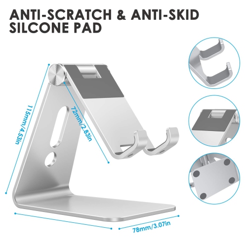 Phone Stand, Adjustable Aluminum Cell Phone Stand for Desk, Compatible with iPhone, Samsung, Google and More Devices, Silver