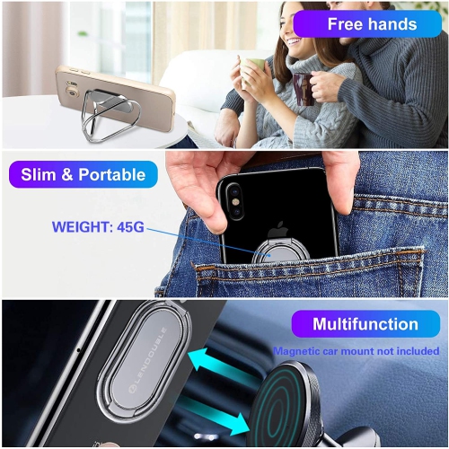 Foldable Cell Phone Stand for Desk, Adjustable Cellphone Ring Holder Finger Kickstand for Office Desktop & Magnetic Car Mount, Rotatable Multi-Angle