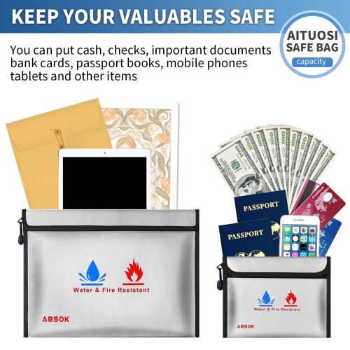 Fireproof Document BagFireproof Money Safe Document Bag 15 x11 & 9x7 Inches Set Non-Itchy Silicone Coated Fire Resistant Bag Fireproof Safe Storage