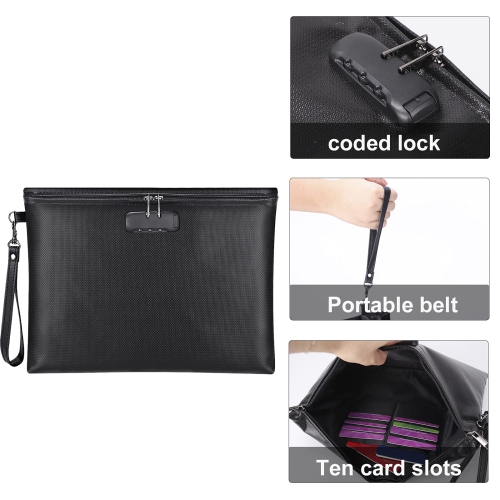 Fireproof Document Bag with Lock, 14.3"x10.2" Fireproof Money Bag with Zipper Closure, Storage Pouch for A4 Letter Size Document, Cash, Cell Phone,