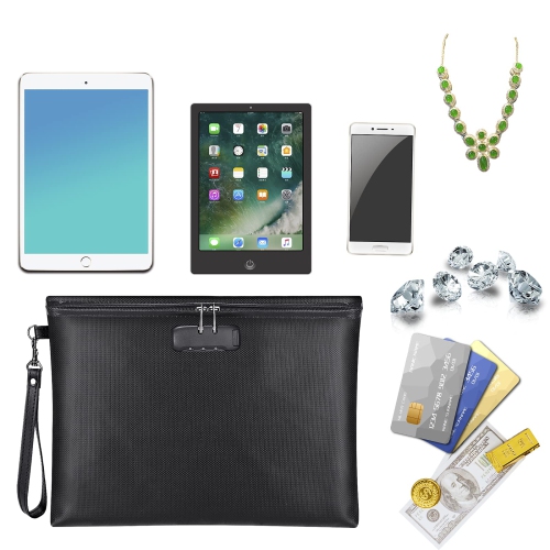 Fireproof Document Bag with Lock, 14.3"x10.2" Fireproof Money Bag with Zipper Closure, Storage Pouch for A4 Letter Size Document, Cash, Cell Phone,