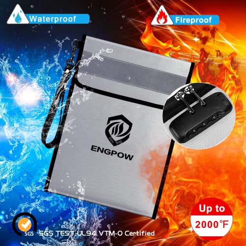 ENGPOW Fireproof Document Bag with Lock,15”x 11”Waterproof and Fireproof Money Bag with Reflective Strip,Fireproof Safe Storage Pouch with Zipper for