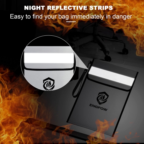 ENGPOW Fireproof Document Bag with Lock,15”x 11”Waterproof and Fireproof Money Bag with Reflective Strip,Fireproof Safe Storage Pouch with Zipper for