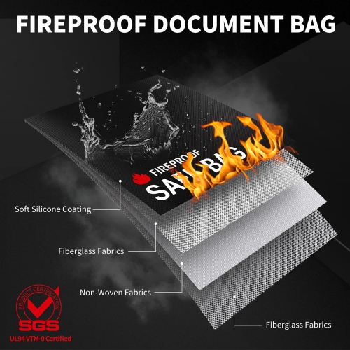 RPNB Fireproof Document Bag, 15"x11"Non-Itchy Silicone Coated Fiberglass Fire and Water Safe Bag with TPU Zipper&Wider Airtight Velcro, Fireproof Bag
