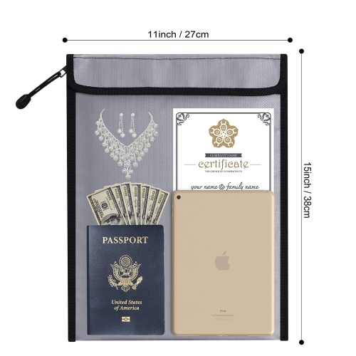 Fireproof Document Bag, 15”x 11” Waterproof and Fireproof Money Bag with Zipper, Fireproof Safe Storage Pouch for Cash,Jewelry,Passport,Tablet,A4