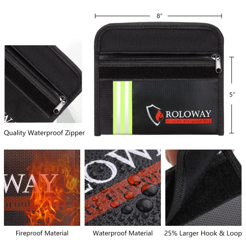ROLOWAY Fireproof Document Bag with Lock and Reflective Strip