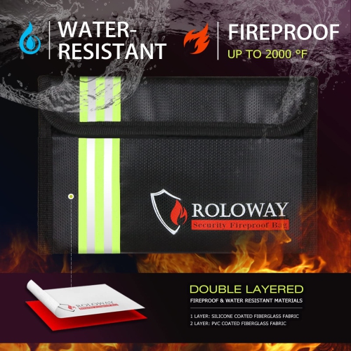 ROLOWAY Small Fireproof Bag with Reflective Strip, Non-Itchy Fireproof Money Bag, Fireproof Wallet Bag, Cash Fireproof Bag Set for Valuables -