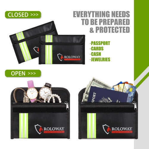 ROLOWAY Small Fireproof Bag with Reflective Strip, Non-Itchy Fireproof Money Bag, Fireproof Wallet Bag, Cash Fireproof Bag Set for Valuables -