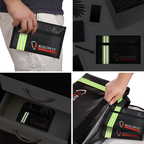 ROLOWAY Small Fireproof Bag with Reflective Strip, Non-Itchy Fireproof Money Bag, Fireproof Wallet Bag, Cash Fireproof Bag Set for Valuables -