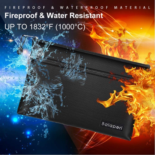 BALAPERI Fireproof Document Bag Two Pockets Two Zippers,11.4”x 7.87” Waterproof and Fireproof Money Bag, Fireproof Safe Storage Pouch with Zipper for