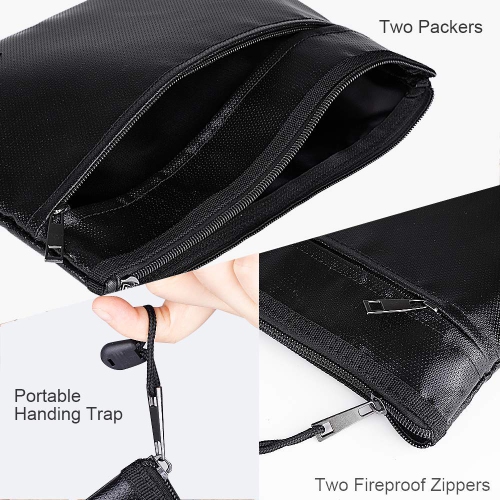 BALAPERI Fireproof Document Bag Two Pockets Two Zippers,11.4”x 7.87” Waterproof and Fireproof Money Bag, Fireproof Safe Storage Pouch with Zipper for