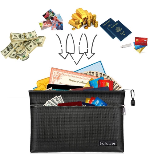 BALAPERI Fireproof Document Bag Two Pockets Two Zippers,11.4”x 7.87” Waterproof and Fireproof Money Bag, Fireproof Safe Storage Pouch with Zipper for