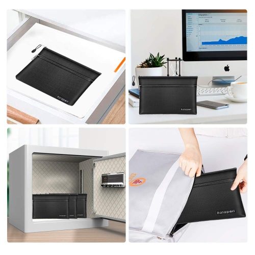 BALAPERI Fireproof Document Bag Two Pockets Two Zippers,11.4”x 7.87” Waterproof and Fireproof Money Bag, Fireproof Safe Storage Pouch with Zipper for