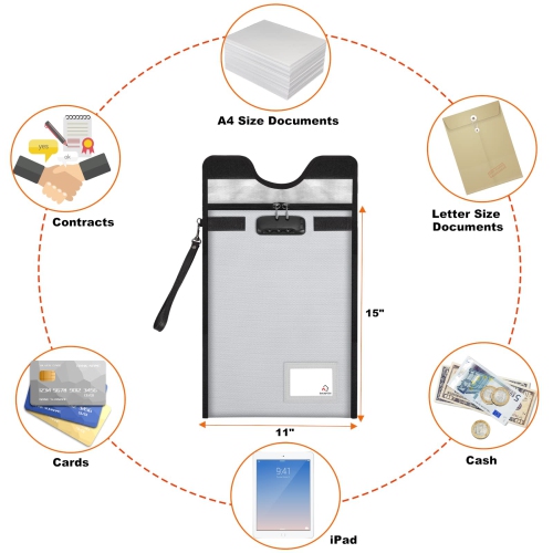 Sac à documents ignifuge avec serrure (4200), 15 po x 11 po, pochette à  fermeture à glissière étanche pour document format lettre A4 A5, tablette,  objets de valeur, bijoux, argent et protection