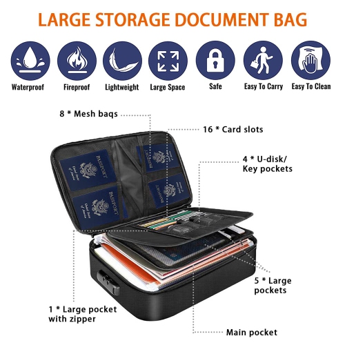 Fireproof Document Bag with Lock, JARAGAR Fireproof Money Bag 3-Layer File Organizer Case with Water-Resistant Zipper, Portable Safe Box for