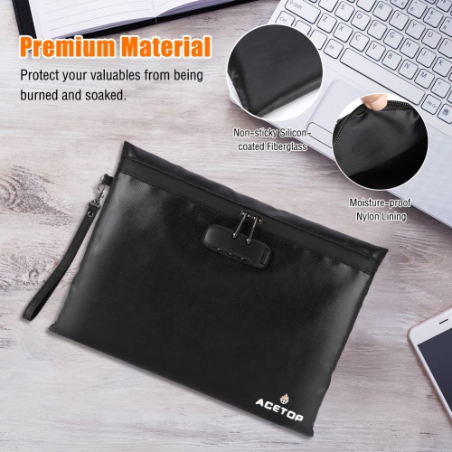 ACETOP Fireproof Document Bag w/Lock 14"x10" Portable Fire Proff Safe Money Bag Waterproof Firesafe Zippered Pouch File Storage Lockbag for A4