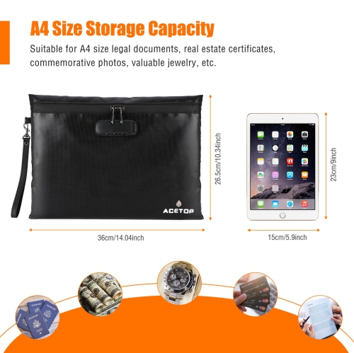 ACETOP Fireproof Document Bag w/Lock 14"x10" Portable Fire Proff Safe Money Bag Waterproof Firesafe Zippered Pouch File Storage Lockbag for A4