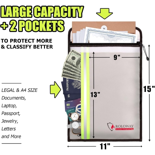 Fireproof Document Bag with 2 Pockets & Waterproof Zipper, Fireproof Money Bag, Fire Safe Bag with Reflective Strip, for Cash, Legal Documents Safe