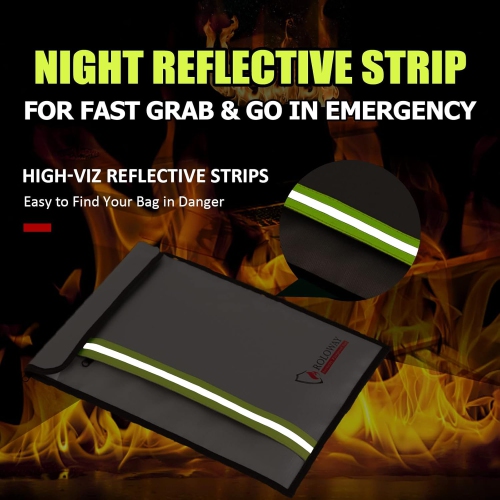 Fireproof Document Bag with 2 Pockets & Waterproof Zipper, Fireproof Money Bag, Fire Safe Bag with Reflective Strip, for Cash, Legal Documents Safe