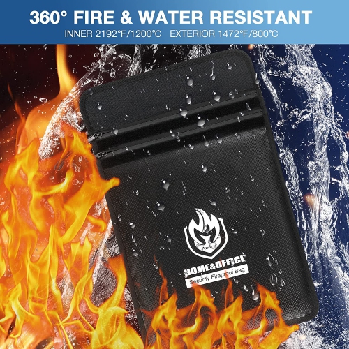 Upgraded Two Pockets Fireproof Document Bag, Andyer 15”x 11”Waterproof and Fireproof Money Bag with Zipper, Fire Safe Storage for