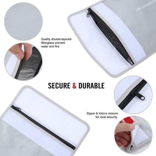 GEMEK Fireproof Document Bag 2 Set Silicone Coated Fiberglass Money Bag Pouch Document Holder for File Cash Jewelry Passport Valuables (Silver)