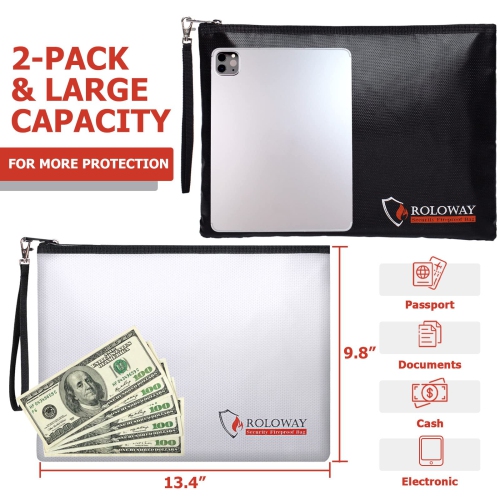 Fireproof Document Bag, Fireproof Money Bag for Cash, A4 Documents with Zipper & Strap (2-Pack)