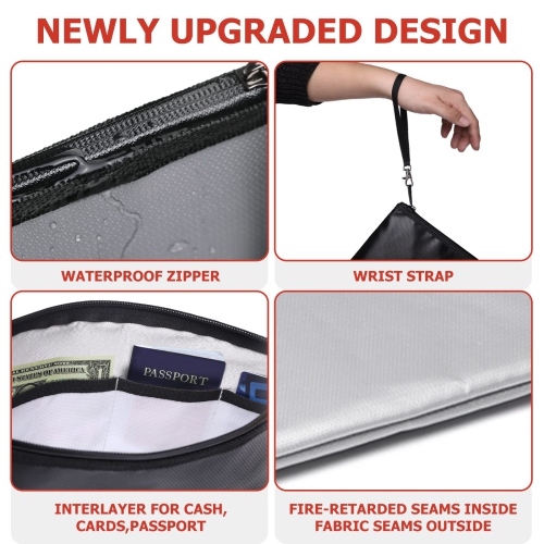 Fireproof Document Bag, Fireproof Money Bag for Cash, A4 Documents with Zipper & Strap (2-Pack)