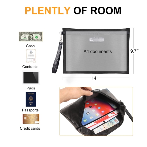 FIREDOG Fireproof Document Bag with Lock, Fireproof Waterproof Money Bag Safe Storage Pouch for A4 Documents, File,Cash and Valuables(Black, 14”x10”)