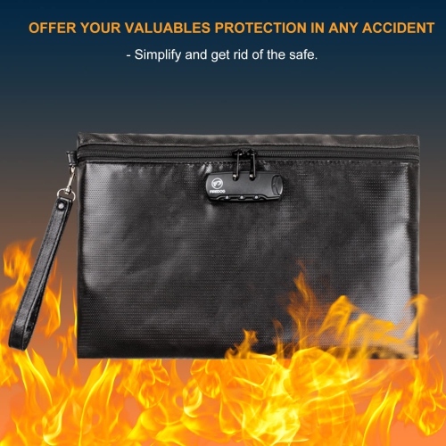 FIREDOG Fireproof Document Bag with Lock, Fireproof Waterproof Money Bag Safe Storage Pouch for A4 Documents, File,Cash and Valuables(Black, 14”x10”)