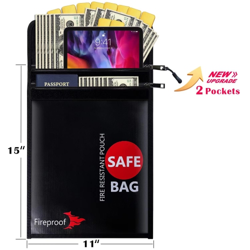 COLCASE Upgraded 2 Pockets Fireproof Document Bag15 x 11 Inches Silicone Coated Fireproof and Waterproof Money Bag Fireproof Safe Storage for Money,