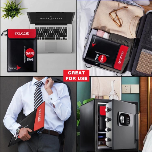 COLCASE Upgraded 2 Pockets Fireproof Document Bag15 x 11 Inches Silicone Coated Fireproof and Waterproof Money Bag Fireproof Safe Storage for Money,