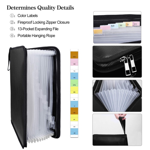 Fireproof File Folder Fireproof Fire and Water Resistant Money Document Bag with A4 Size 13 Pockets Zipper Closure Non-Itchy Silicone Coated Portable