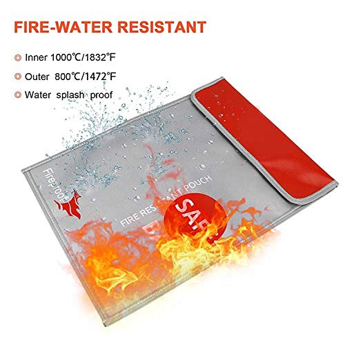 Fireproof Money Safe Document Bag 15" x 11" Non-Itchy Silicone Coated Fire Resistant Waterproof Money Bag Safe Storage for Money, Documents, Jewelry
