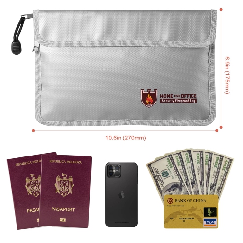 Fireproof Document Bag, 10.6”x 6.9” Waterproof and Fireproof Money Bag with Zipper, Fireproof Safe Storage Pouch for Passport,Cash,Jewelry,Legal