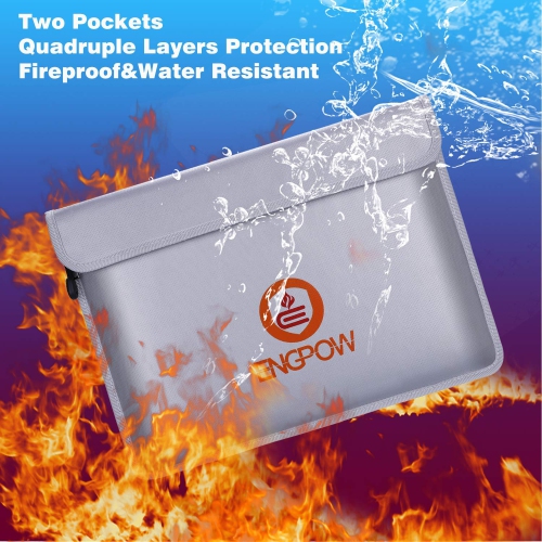 ENGPOW Fireproof Document Bags 15" x 11" Two Pockets Two Zippers Fire and Water Resistant Money Bag Fireproof Safe Storage Pouch Envelope for Ipad,