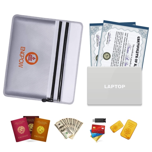ENGPOW Fireproof Document Bags 15" x 11" Two Pockets Two Zippers Fire and Water Resistant Money Bag Fireproof Safe Storage Pouch Envelope for Ipad,