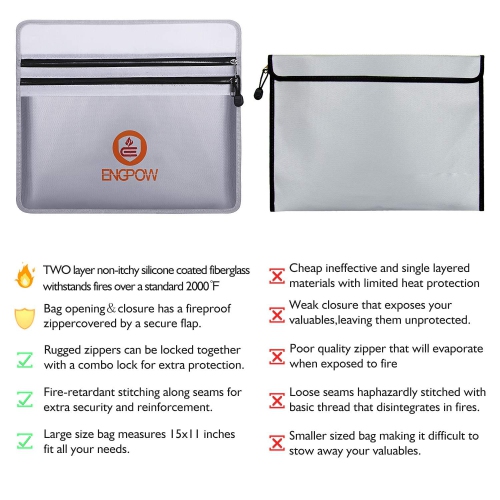 ENGPOW Fireproof Document Bags 15" x 11" Two Pockets Two Zippers Fire and Water Resistant Money Bag Fireproof Safe Storage Pouch Envelope for Ipad,