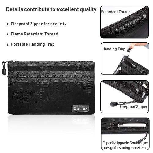 Fireproof Money Bag Two Pockets Two Zippers, Fireproof Safe Bag 10.6"x6.7" Waterproof and Fireproof Document Bag Fire Safe Pouch File Storage for A5