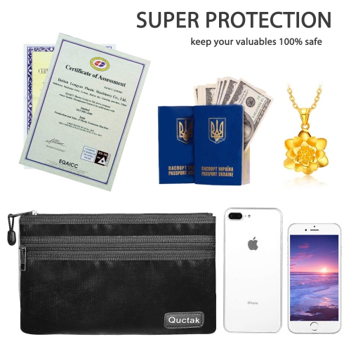 Fireproof Money Bag Two Pockets Two Zippers, Fireproof Safe Bag 10.6"x6.7" Waterproof and Fireproof Document Bag Fire Safe Pouch File Storage for A5