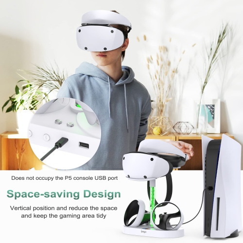 FASTSNAIL Charging Stand for Playstation VR2, Multifunction Vertical PS VR2 Headset & Sense Controllers Charge Dock Station with 10 RGB Light Modes