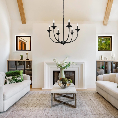 Mid-Century Modern 6-Light Black Candle Chandelier for Dining Room