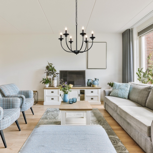 Mid-Century Modern 6-Light Black Candle Chandelier for Dining Room