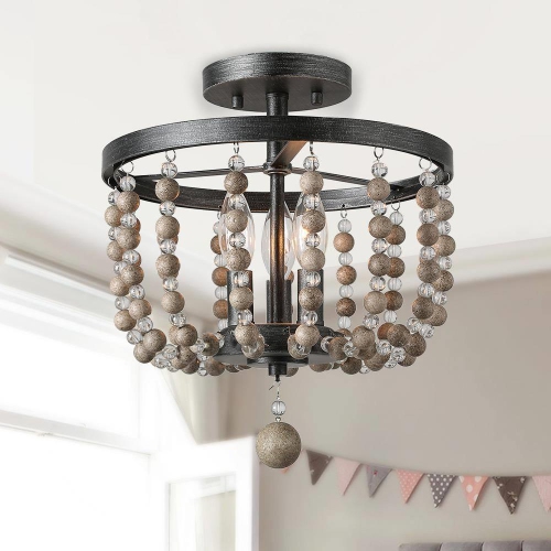 LNC  Modern Farmhouse Wood 3-Light Boho Crystal Beads Flush Mount Lights