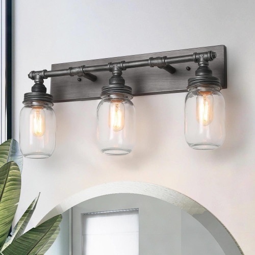 LNC  Industrial 3-Light Brushed Glass Bathroom Vanity Lights Wall Sconces In Silver