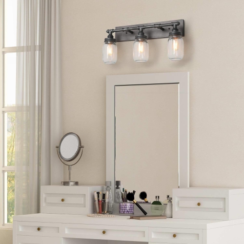 Industrial 3-Light Brushed Silver Glass Bathroom Vanity Lights Wall Sconces