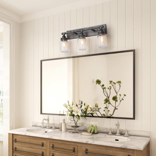 Industrial 3-Light Brushed Silver Glass Bathroom Vanity Lights Wall Sconces