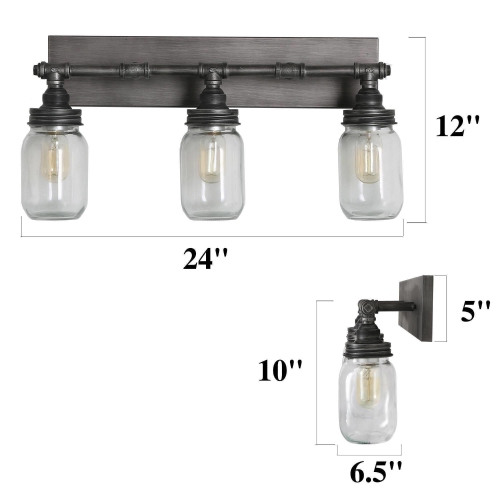 Industrial 3-Light Brushed Silver Glass Bathroom Vanity Lights Wall Sconces