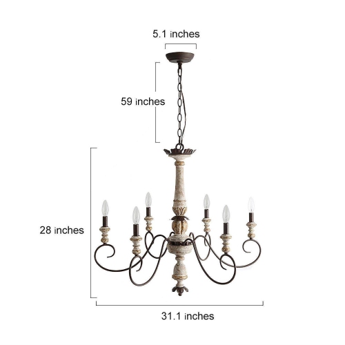 Rustic 6-light Wood Candle Curve Arm French Country Chandelier